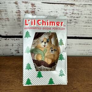 Vintage L'il Chimer Hand Painted Bisque Porcelain Christmas Bell Ornament Bear
